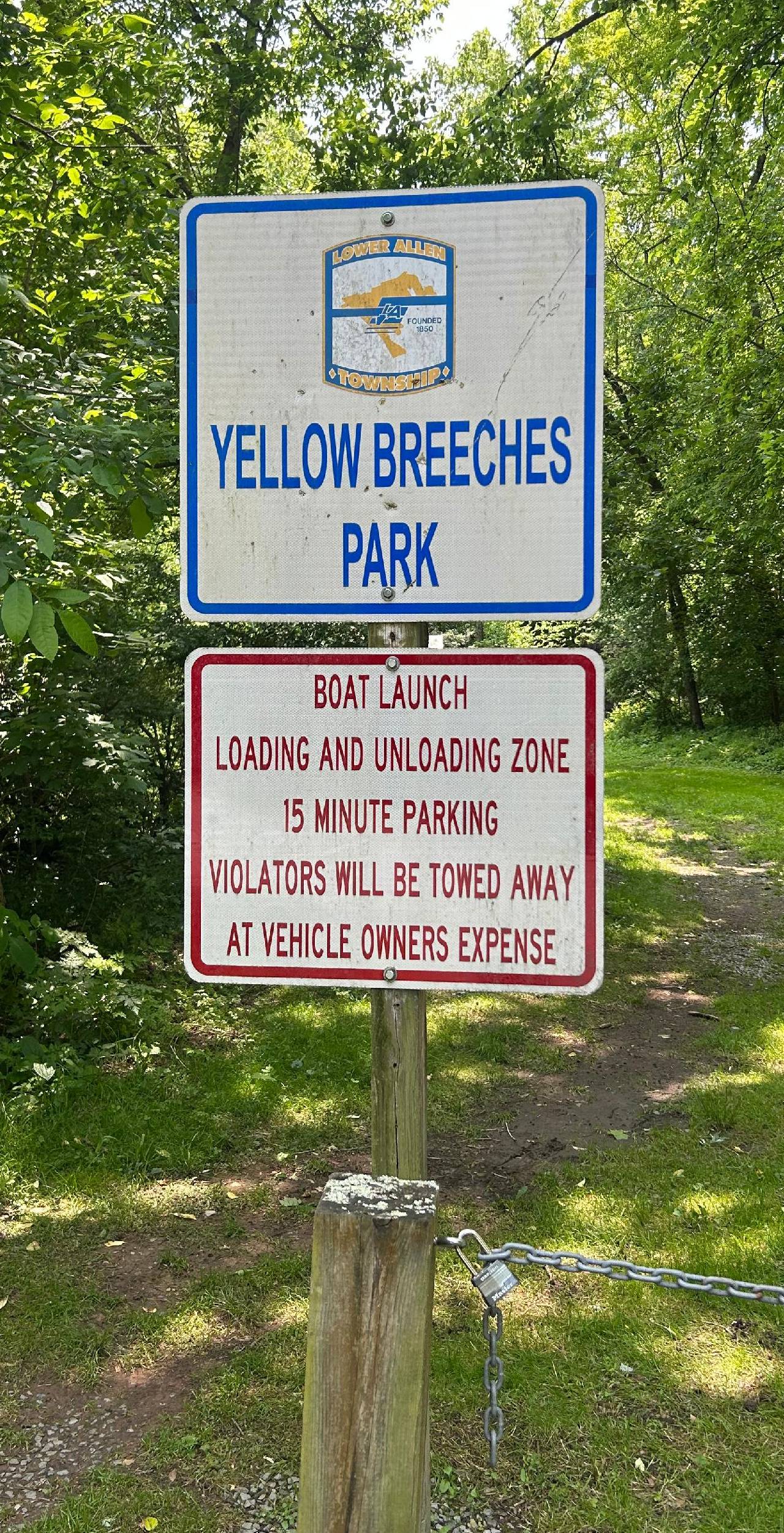 Yellow breeches park boat launch sign